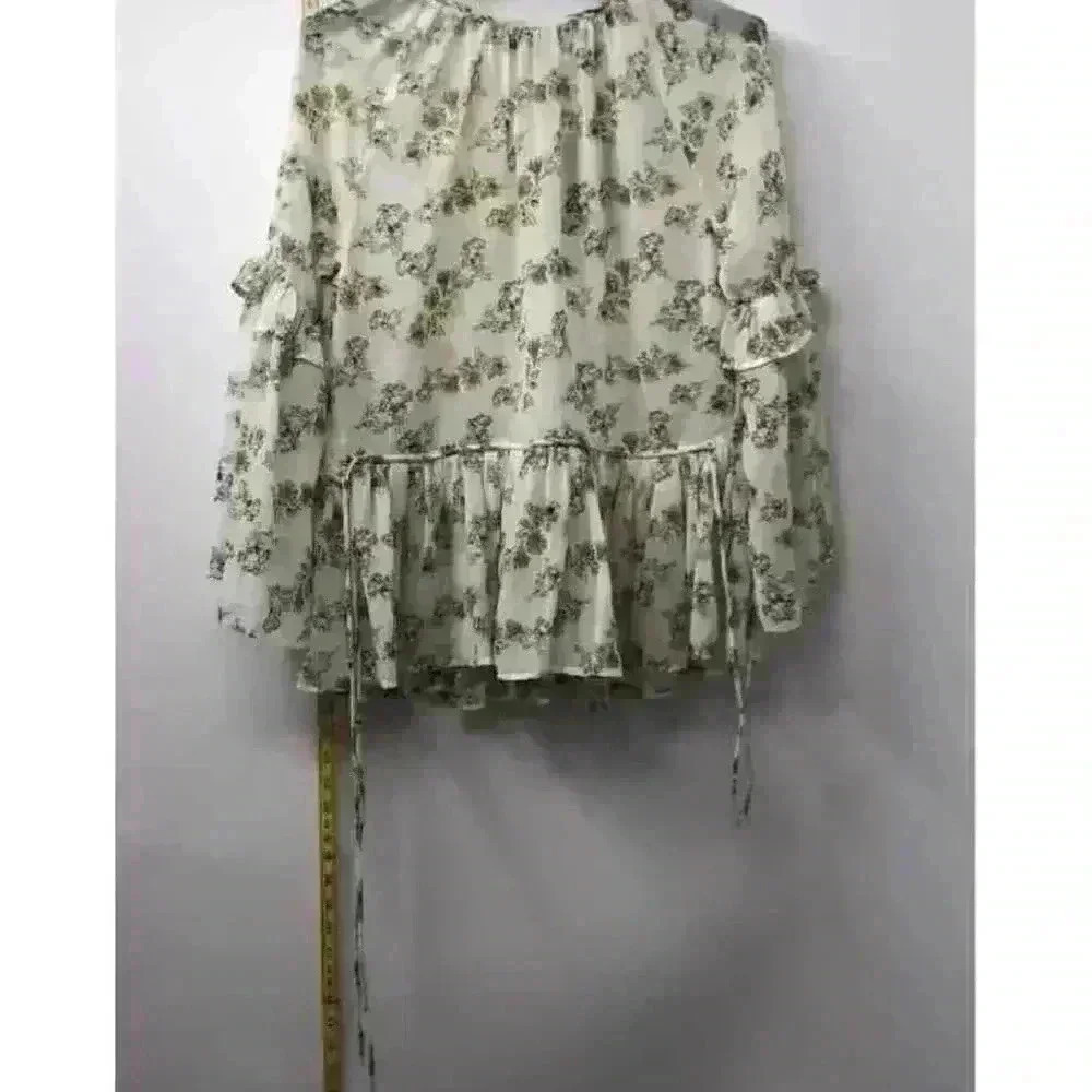 Walter Baker Women's L Green Floral Ruffle Chiffon‎ Top Long Sleeve NWT Cottage